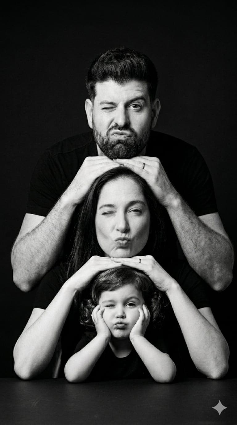 Foto de estudio com IA realista - familia em preto e branco gerada com Nano Banana 2