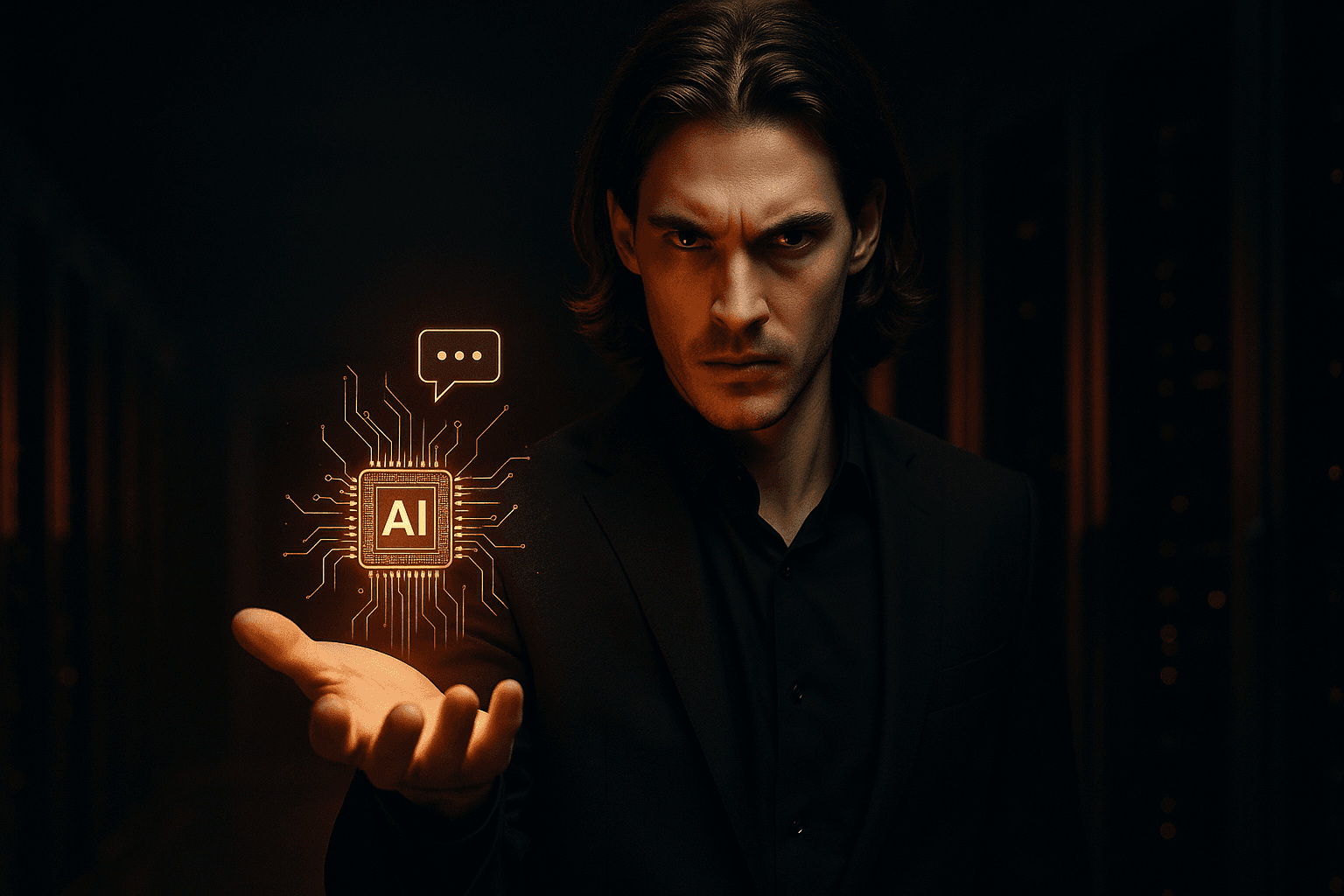 Figura de terno acionando um holograma de inteligencia artificial, alusao a polemica do Mega Brain do Thiago Finch
