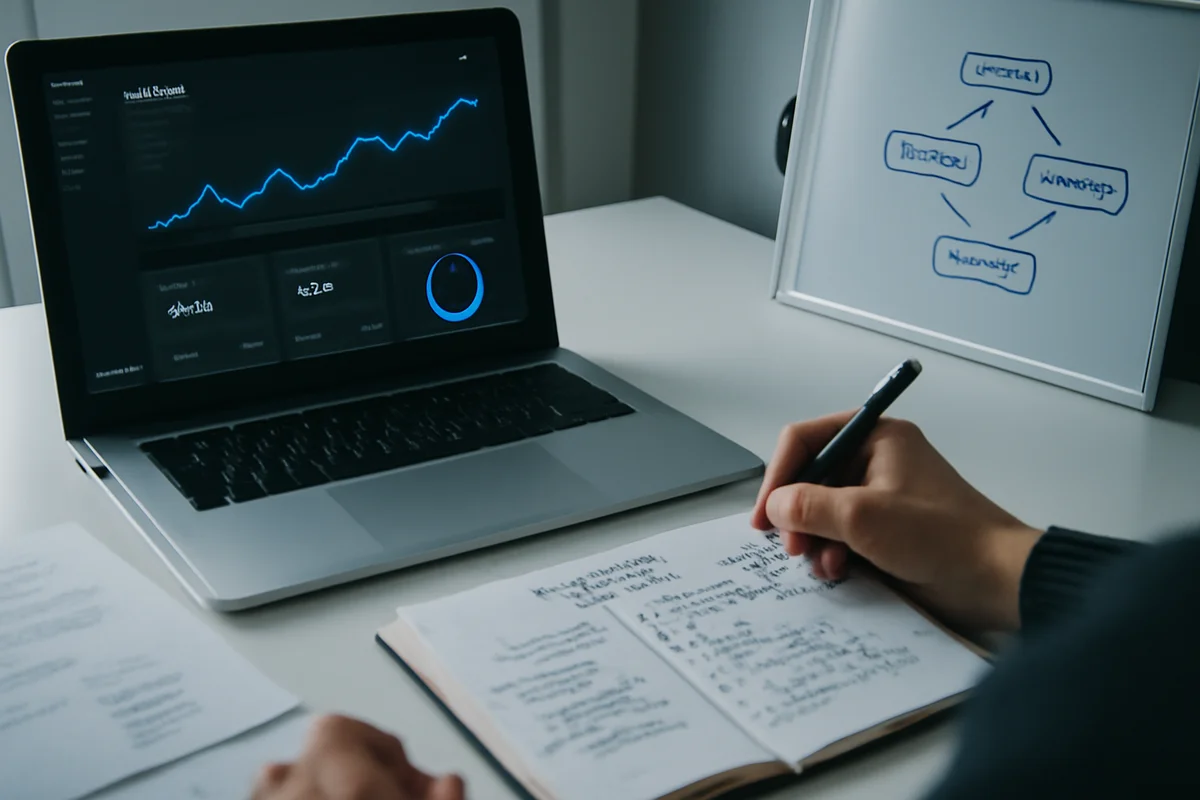 Pessoa analisando analytics do YouTube em laptop com dados de crescimento de canal