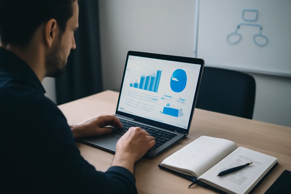 Profissional de vendas analisando dados num monitor, representando IA no processo comercial